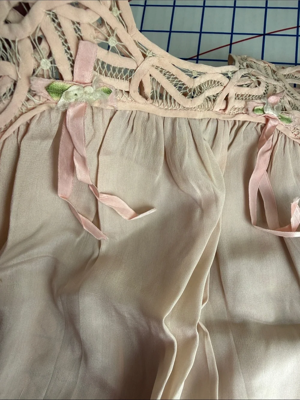 Antique c.1915–1925 Silk Baby Dress Tape Lace Pink Ribbonwork Heirloom Display